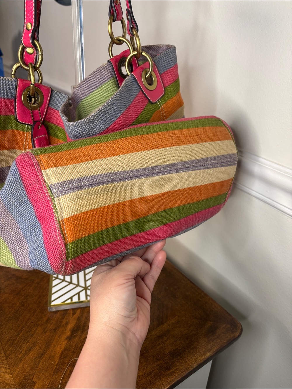 Coach HTF Legacy Striped Multicolor Woven Tote Bag with Pink Patent Leather Trim - Picture 13 of 16